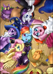 Size: 3578x4913 | Tagged: safe, artist:pridark, derpibooru import, applejack, fluttershy, pinkie pie, princess luna, rainbow dash, rarity, spike, twilight sparkle, dragon, earth pony, pegasus, pony, unicorn, animal costume, candy, candy corn, chicken pie, chicken suit, clothes, costume, cute, dashabetes, diapinkes, eyes closed, female, grin, halloween, jackabetes, male, mane seven, mane six, mare, mouth hold, nightmare night, on back, open mouth, pony pile, raribetes, shyabetes, sleeping, smiling, spikabetes, squee, twiabetes, wink