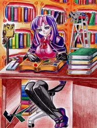 Size: 531x700 | Tagged: artist:jadenkaiba, book, clothes, derpibooru import, desk, evening gloves, golden oaks library, human, humanized, ladder, library, light skin, notebook, owlowiscious, pen, safe, smarty pants, solo, stockings, thigh highs, traditional art, twilight sparkle