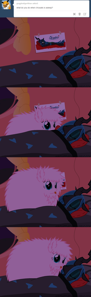 Size: 650x2125 | Tagged: artist:mixermike622, ask, comic, derpibooru import, licking, not creepy, oc, oc:fluffle puff, pinup, queen chrysalis, safe, sleeping, tumblr, tumblr:ask fluffle puff