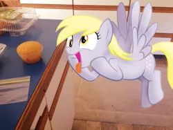 Size: 1024x768 | Tagged: safe, artist:bronyvectors, artist:nikorurene, derpibooru import, derpy hooves, pegasus, pony, bag, corn muffin, female, irl, kitchen, mare, mat, photo, ponies in real life, solo, tongue out, vector