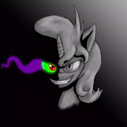 Size: 800x800 | Tagged: safe, artist:artybeat, derpibooru import, king sombra, oc, pony, unicorn, antagonist, black and white, bust, dark, dark magic, female, magic, mare, monochrome, neo noir, partial color, penny blood, portrait, smiling, solo, sombra eyes