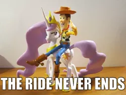 Size: 980x735 | Tagged: safe, derpibooru import, princess celestia, princess molestia, bedroom eyes, caption, hentai woody, humans riding ponies, irl, open mouth, photo, pointing, riding, smiling, smirk, standing, the ride never ends, tongue out, toy, woody