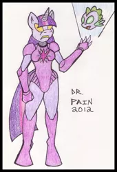 Size: 470x693 | Tagged: anthro, artist:drpain, clothes, costume, crossover, derpibooru import, iron man, iron mare, jarvis, marvel, parody, safe, spike, traditional art, twilight sparkle