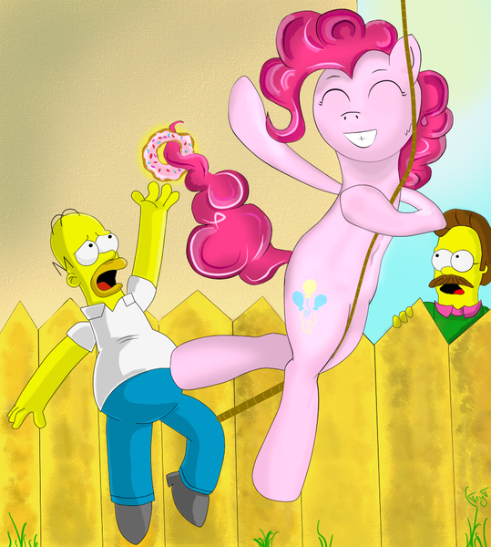 Size: 920x1024 | Tagged: artist:trytapok, crossover, donut, fence, homer simpson, ned flanders, pinkie pie, rope, safe, smiling, the simpsons