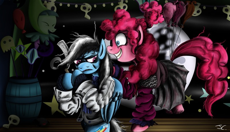 Size: 1250x717 | Tagged: artist:jamescorck, ask, clothes, costume, derpibooru import, mrs lovett, nightmare night, oc, oc:movie slate, pinkie pie, rainbow dash, safe, sweeney todd, tumblr