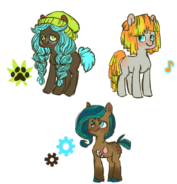 Size: 1084x1125 | Tagged: semi-grimdark, artist:spideride, derpibooru import, oc, oc:catnip, oc:mango beatz, unofficial characters only, earth pony, pony, amputee, beanie, female, freckles, frown, hat, heterochromia, lidded eyes, long hair, long mane, looking at you, mare, music notes, ribcage, ribs, short tail, smiling, unshorn fetlocks