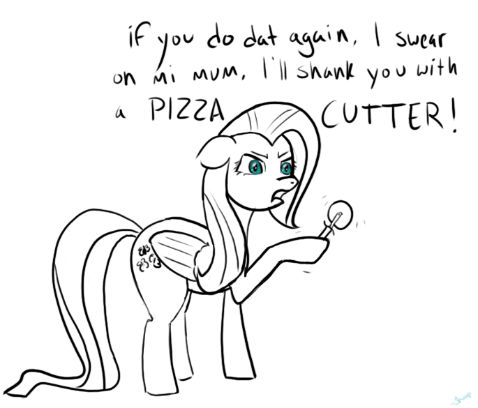 Size: 685x585 | Tagged: artist:rainbow-dosh, derpibooru import, fluttershy, partial color, pizza cutter, safe, solo, threat, u wot m8