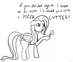 Size: 685x585 | Tagged: artist:rainbow-dosh, derpibooru import, fluttershy, partial color, pizza cutter, safe, solo, threat, u wot m8