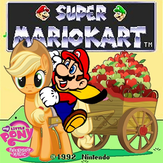 Size: 545x545 | Tagged: apple, applejack, cape mario, cart, crossover, derpibooru import, game, horses doing horse things, humans riding ponies, luigi, mario, mario kart, my little pony logo, pony ride, safe, super mario bros., super mario kart, video game, wagon