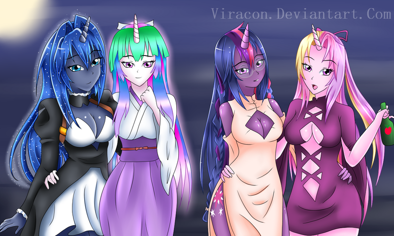 Size: 1200x720 | Tagged: alicorn tetrarchy, alternate hairstyle, artist:viracon, boob window, breasts, cheongsam, cleavage, clothes, cosplay, derpibooru import, female, females only, glasses, hakama, horned humanization, human, humanized, kimono (clothing), pony coloring, princess cadance, princess celestia, princess luna, sekirei, suggestive, twilight sparkle, twilight sparkle (alicorn)