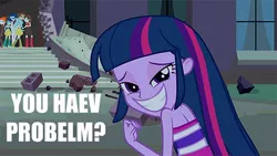 Size: 576x324 | Tagged: safe, derpibooru import, blueberry cake, curly winds, heath burns, paisley, some blue guy, sophisticata, teddy t. touchdown, twilight sparkle, equestria girls, background human, image macro, le ruse master, reaction image, trollface