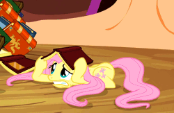 Size: 768x500 | Tagged: animated, book, book hat, cowering, cute, derpibooru import, fear, fluttershy, freakout, golden oaks library, interior, magic duel, safe, scared, screencap, shyabetes, solo, trembling