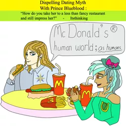Size: 750x750 | Tagged: artist:princeblueblood, burger, derpibooru import, dispelling dating myth with prince blueblood, food, french fries, fried chicken, hot dog, human, humanized, lyra heartstrings, mcdonald's, ponies eating meat, prince blueblood, safe, soda