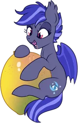 Size: 306x477 | Tagged: safe, artist:lulubell, derpibooru import, oc, oc:night watch, unofficial characters only, bat pony, pony, food, hug, mango, micro, simple background, solo, transparent background