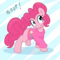 Size: 1064x1053 | Tagged: safe, artist:pippy, derpibooru import, pinkie pie, earth pony, pony, pinkiepieskitchen, boop, clothes, cosplay, costume, crossover, cute, diapinkes, female, gravity falls, mabel pines, mare, solo, sweater