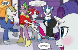 Size: 4896x3168 | Tagged: safe, artist:bico-kun, derpibooru import, fancypants, moondancer, prince blueblood, rarity, spike, alcohol, blushing, bowtie, champagne, clothes, crown, cutie mark, dress, female, grand galloping gala, love triangle, male, monocle, prince spike, shipping, sparity, spikedancer, straight, suit