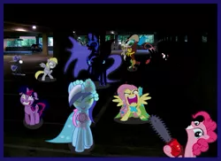 Size: 619x451 | Tagged: semi-grimdark, derpibooru import, derpy hooves, discord, fluttershy, minuette, nightmare moon, pinkie pie, rainbow dash, twilight sparkle, oc, oc:nyx, pegasus, pony, female, mare, parking garage