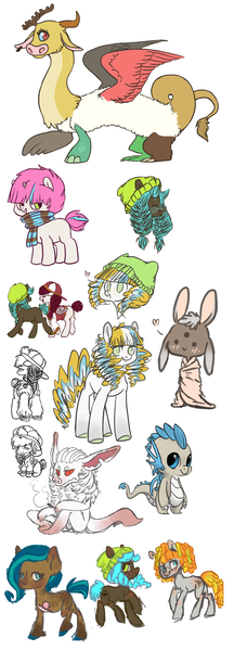 Size: 985x2734 | Tagged: safe, artist:spideride, derpibooru import, oc, oc:catnip, oc:mango beatz, unofficial characters only, draconequus, dragon, earth pony, pegasus, pony, unicorn, amputee, beanie, blanket, blushing, breaker, camazotz, clothes, draconequus oc, female, freckles, hat, mare, scarf, smoking, sweater