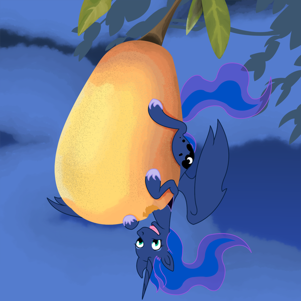 Size: 1000x1000 | Tagged: artist:philith, derpibooru import, eating, food, fruit, herbivore, mango, micro, princess luna, safe, solo, stellaluna, suspended, tiny, upside down