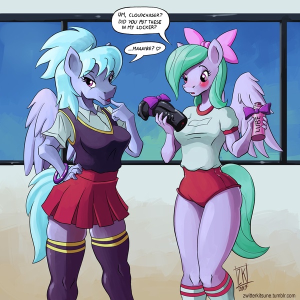 Size: 900x900 | Tagged: anthro, artist:zwitterkitsune, breasts, clothes, cloudchaser, derpibooru import, dialogue, dildo, female, flitter, gym uniform, hoers, incest, lesbian, pegacest, questionable, schoolgirl, sex toy, shipping