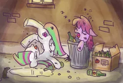 Size: 1000x678 | Tagged: artist:king-kakapo, berry punch, berryshine, blossomforth, derpibooru import, drawfag, drunk, frontbend, safe, sleeping, trash, trash can