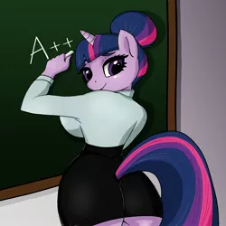 Size: 2362x2362 | Tagged: a+, adorasexy, alternate hairstyle, anthro, artist:pitchyy, ass, breasts, busty twilight sparkle, chalkboard, clothes, cute, derpibooru import, female, grades, hair bun, miniskirt, sexy, skirt, skirt lift, solo, solo female, suggestive, teacher, thighs, twibutt, twilight sparkle