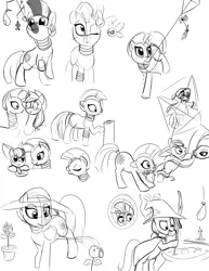 Size: 989x1280 | Tagged: apple bloom, applejack, artist:furseiseki, caught, cauldron, derpibooru import, kite, monochrome, mouth hold, parasprite, safe, simple background, sketch dump, snake, trixie, white background, zebra, zecora, zecora's hut