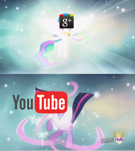 Size: 1280x1440 | Tagged: safe, derpibooru import, edit, princess celestia, twilight sparkle, alicorn, pony, drama, fulfill your destiny, google, google plus drama, google+, hub logo, hubble, logo, princess celestia's special princess making dimension, symbolism, the hub, void, youtube