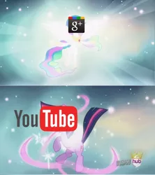 Size: 1280x1440 | Tagged: safe, derpibooru import, edit, princess celestia, twilight sparkle, alicorn, pony, drama, fulfill your destiny, google, google plus drama, google+, hub logo, hubble, logo, princess celestia's special princess making dimension, symbolism, the hub, void, youtube