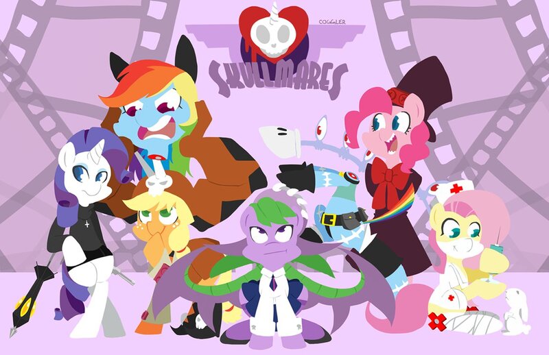 Size: 1111x720 | Tagged: angel bunny, applejack, artist:coggler, cerebella, crossover, decapitated, derpibooru import, filia, fluttershy, headless, mane seven, mane six, ms. fortune, nurse, parasoul, peacock (skullgirls), pinkie pie, rainbow dash, rarity, samson, semi-grimdark, severed head, skullgirls, spike, twilight sparkle, valentine (skullgirls)