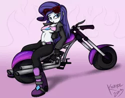 Size: 2800x2200 | Tagged: suggestive, artist:killryde, derpibooru import, rarity, equestria girls, alternate hairstyle, bedroom eyes, belly button, boots, breasts, clothes, female, glasses, gloves, jacket, midriff, motorcycle, nail polish, sexy, solo, solo female, underboob