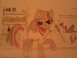 Size: 1280x960 | Tagged: safe, artist:darkghost127, derpibooru import, twilight sparkle, twilight sparkle (alicorn), alicorn, pony, clothes, evil twilight, female, lab coat, mad science, mad scientist, mare, scalpel, solo, syringe, traditional art