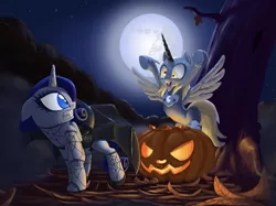 Size: 999x747 | Tagged: safe, artist:mick-o-maikeru, derpibooru import, derpy hooves, nightmare moon, rarity, pegasus, pony, unicorn, vampire, bipedal, clothes, costume, dress, fangs, female, floppy ears, goth, gothic, gritted teeth, halloween, jack-o-lantern, mare, mare in the moon, moon, night, nightmare derpy, nightmare night, open mouth, raised hoof, shocked, smiling, spread wings, wide eyes