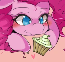 Size: 550x526 | Tagged: safe, artist:hua, derpibooru import, pinkie pie, earth pony, pony, blushing, bust, colored pupils, cupcake, cute, diapinkes, eating, female, heart, mare, pink background, pixiv, portrait, prone, simple background, solo