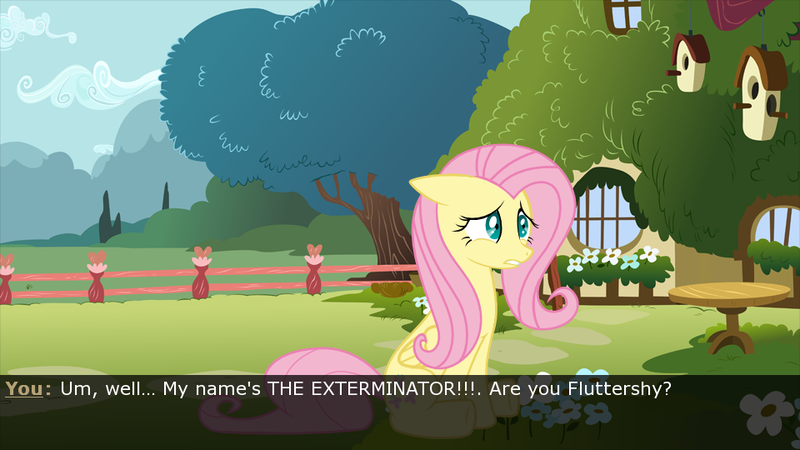 Size: 960x540 | Tagged: dead source, safe, derpibooru import, screencap, fluttershy, pegasus, pony, demo, exterminator, game, nervous, pony amnesia, solo, visual novel, wat