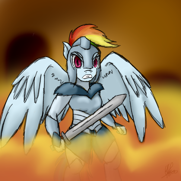 Size: 750x750 | Tagged: safe, artist:anothermare, derpibooru import, rainbow dash, anthro, armor, solo, sword