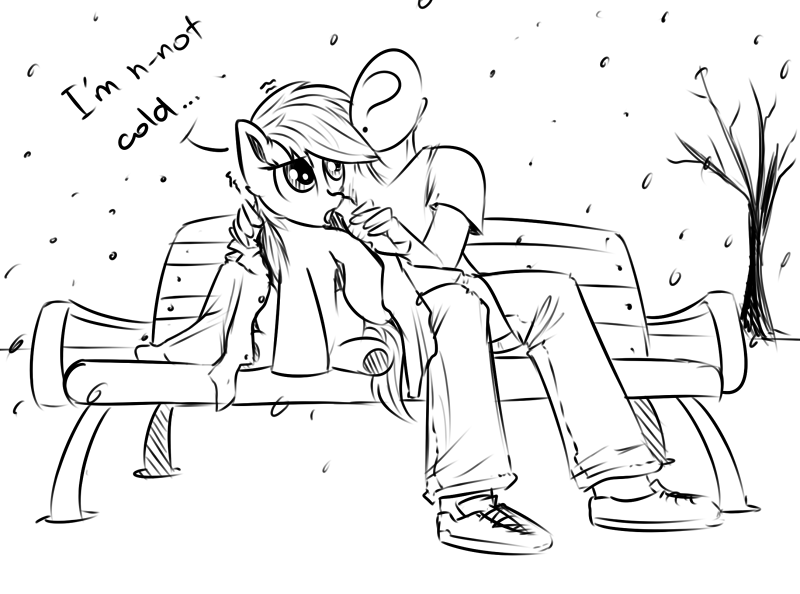 Size: 800x594 | Tagged: safe, artist:xioade, derpibooru import, rainbow dash, oc, oc:anon, human, 4chan, bench, clothes, cute, dashabetes, jacket, monochrome, open mouth, sitting, snow, snowfall, underhoof