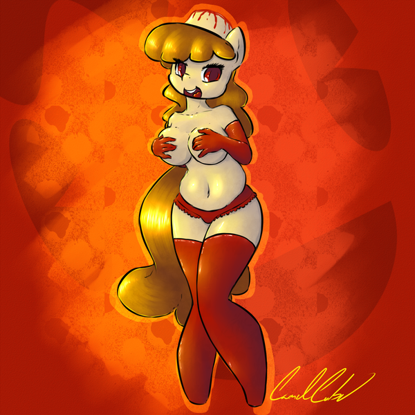 Size: 2000x2000 | Tagged: anthro, anthro oc, artist:carmelcube, breast fondling, breast grab, breasts, clothes, covering, derpibooru import, evening gloves, female, flan, food pony, grope, oc, oc:flan pone, original species, questionable, solo, solo female, stockings, teasing, unofficial characters only