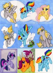 Size: 676x937 | Tagged: safe, artist:jenkiwi, derpibooru import, derpy hooves, fluttershy, rainbow dash, scootaloo, tank, twilight sparkle, pegasus, pony, unicorn, female, filly, mare, prosthetics, traditional art