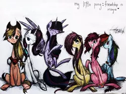 Size: 1000x748 | Tagged: safe, artist:zweiten, derpibooru import, applejack, fluttershy, pinkie pie, rainbow dash, rarity, twilight sparkle, twilight sparkle (alicorn), alicorn, pony, female, mane six, mare, traditional art