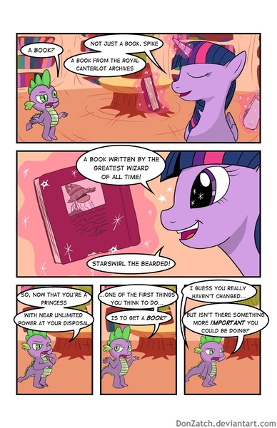 Size: 792x1224 | Tagged: safe, artist:donzatch, derpibooru import, spike, star swirl the bearded, twilight sparkle, twilight sparkle (alicorn), alicorn, pony, comic:tale of twilight, book, comic, female, mare