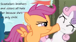 Size: 854x470 | Tagged: derpibooru import, edit, edited screencap, insane pony thread, logic bomb, paradox, safe, scootaloo, screencap, song reference, sweetie belle, text, the return of harmony, wat, weird al yankovic