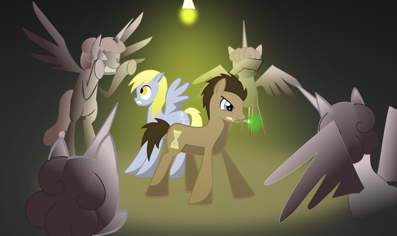 Size: 900x535 | Tagged: safe, artist:senwyn1, derpibooru import, derpy hooves, doctor whooves, time turner, pegasus, pony, doctor who, female, mare, sonic screwdriver, weeping alicorns, weeping angels