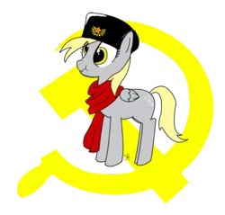 Size: 400x382 | Tagged: safe, artist:valiumangel, derpibooru import, derpy hooves, pegasus, pony, clothes, communism, female, hat, mare, scarf, scrunchy face, solo