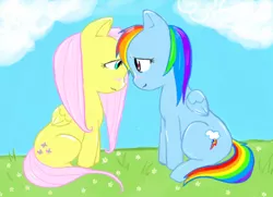 Size: 600x434 | Tagged: safe, artist:valiumangel, derpibooru import, fluttershy, rainbow dash, blushing, female, flutterdash, lesbian, shipping