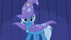 Size: 1280x720 | Tagged: safe, derpibooru import, edit, screencap, trixie, pony, unicorn, boast busters, female, inverted mouth, mare, smiling, solo, stage