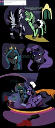 Size: 1000x2298 | Tagged: artist:lollypopa, ask thequeens, clothes, comic, derpibooru import, drunk, maid, nightmare rarity, oc, queen chrysalis, safe, tumblr, wiimote, wii remote, wine