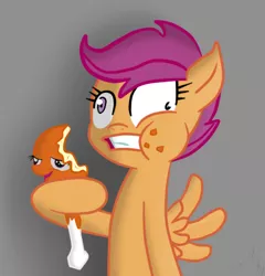 Size: 427x444 | Tagged: autocannibalism, cannibalism, chickun, derp, derpibooru import, drumstick, eating, exploitable meme, food, forced meme, gritted teeth, meat, meme, ponies eating meat, safe, scootaloo