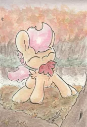 Size: 681x991 | Tagged: safe, artist:slightlyshade, derpibooru import, scootaloo, cute, cutealoo, leaf, mouth hold, solo, traditional art