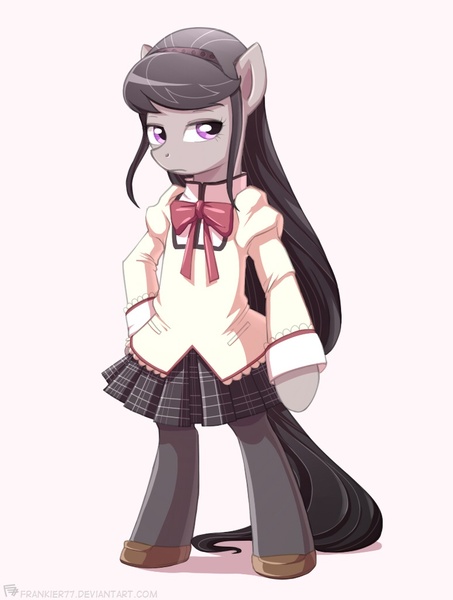 Size: 773x1023 | Tagged: safe, artist:frankier77, derpibooru import, octavia melody, pony, bipedal, clothes, cosplay, costume, crossover, female, homura akemi, looking at you, magical girl, mare, pantyhose, puella magi madoka magica, skirt, solo